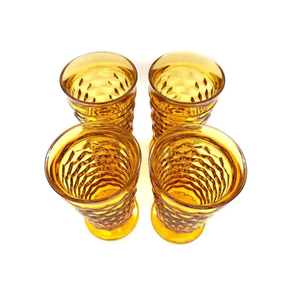 Vtg Indiana Glass Colony Whitehall Cubist Set of 4 Amber Footed Iced Tea Glasses